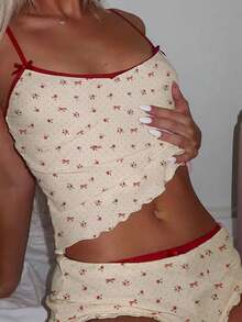 Conjunto de pijama estampado de 2 piezas para mujer, camisola sin mangas y pantalones cortos con estampado floral, lunares y lazo, ropa de dormir de verano para estar en casa. - Albaricoque - Ver 3