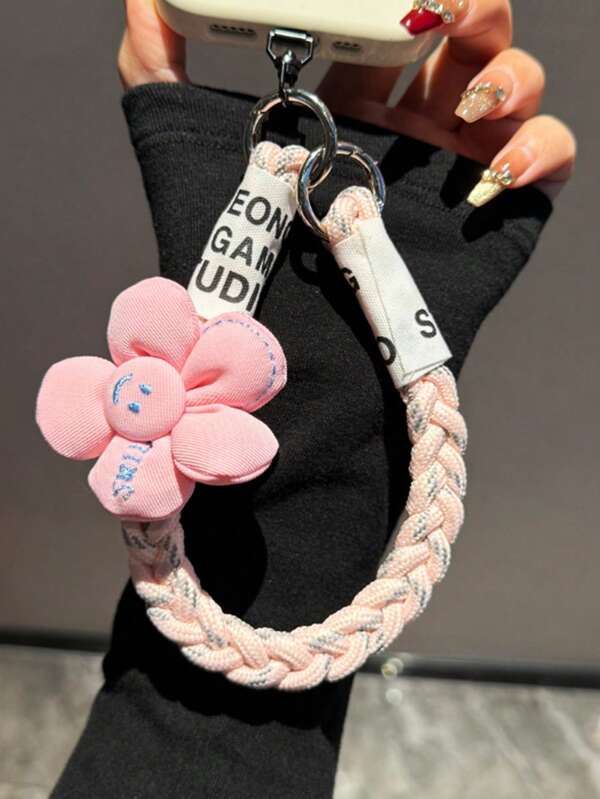 1 pieza Correa de muñeca Cuerda corta Espaciador de cuentas con flores Cuerda de cáñamo Colgante Llavero Funda desmontable para teléfono Cordón