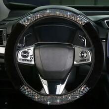 Bling Fluffy Steering Wheel Cover For Women Girls, Rhinestone Diamond Sparkling Fur Steering Wheel Protector Elastic Steering Wheel Covers Winter Warm Universal Fit 14-15 Inches -Black - Red - 查看 2