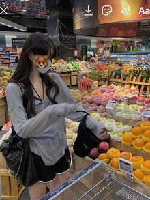 全新轻盈 V 领长袖宽松透视罩衫，灰色，中长款 - 灰色 - 查看 6