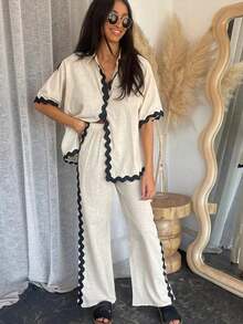 Wellenschnitt-Hosen-Sets für Frauen, lockere Revers-Kurzarmhemden, einreihige Hemden, lässige weite Hosen, Sommer-Outfit für Damen