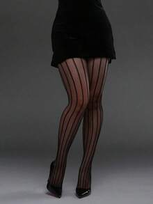 1pc Vertical Striped High Elasticity Fishnet Leggings, Sexy Tight Stockings Gothic Punk Fashion - Black 2 - 查看 4
