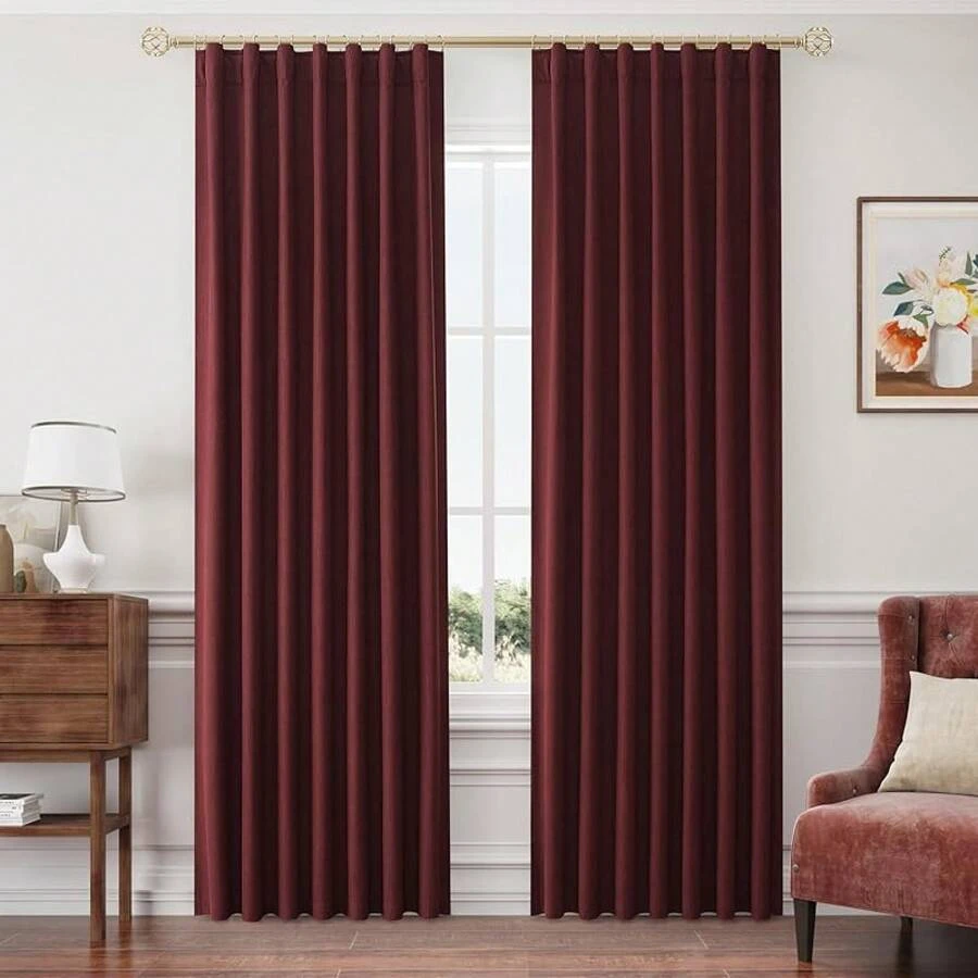 Beige Linen% Blackout Curtains 84 Inch Long, Rod Pocket/Back Tab/Hook Belt/Clip Rings, Thermal Insulated Drapes Bedroom Living Room With Hooks (1 Panel, 60 X 84), Stylish Window Treatments - 勃根地 - 查看 1
