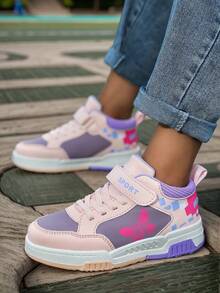 1 Pair Kids' Skateboard Shoes, Plaid Pattern, PU Upper, Patchwork, Contrast Color, Fashion Mid-Top, Hook And Loop, Butterfly Print, TPR Anti-Slip Outsole, Street, School, Elementary Girls, Casual - Dusty Pink - View 9