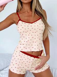 Conjunto de pijama estampado de 2 piezas para mujer, camisola sin mangas y pantalones cortos con estampado floral, lunares y lazo, ropa de dormir de verano para estar en casa. - Albaricoque - Ver 7