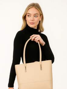 Classic Work Tote Bag Stylish Large Capacity PU Leather With Multiple Compartments - Nude - View 2