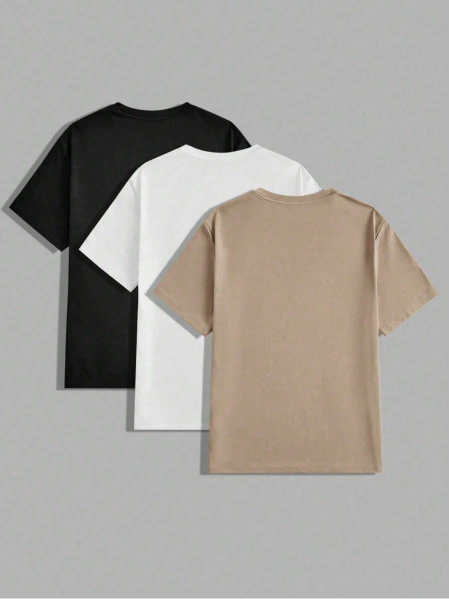Kit Of 3 Men's Plain T-Shirts Casual Shirt 100% Cotton Versatile Comfortable Sports Unisex Blouse - 米色 - 查看 1