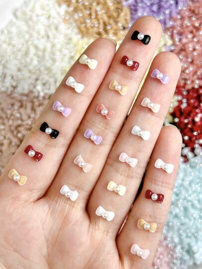 30Pcs Random Mixed ABS Pearl Bowknots Nail Charms Cute Small Bow Tie French Style Nail Art Accessories DIY Suitable For Girls To Use On Dates
