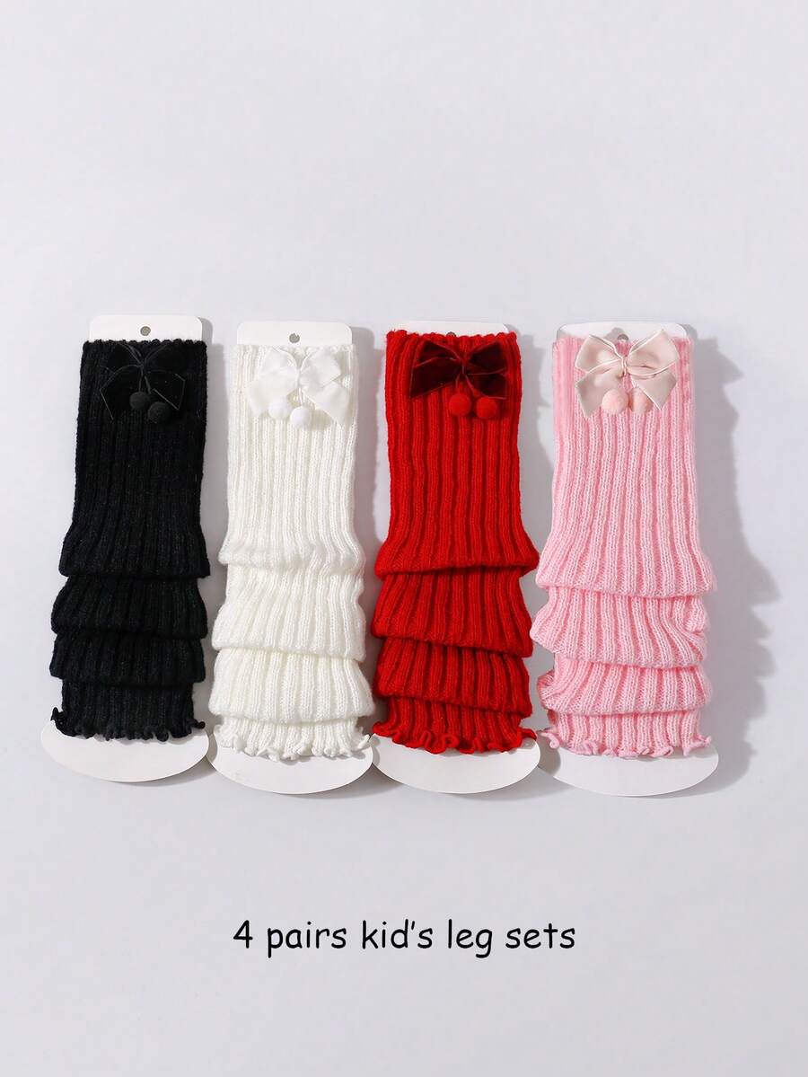 4 Pairs Baby Girls' Bow Decor Sweet Fashion Leg Warmers, Knitted Leg Warmers Ankle Leg Warmers, Suitable For Spring & Autumn - Multicolor - View 1