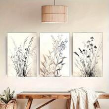 Set Of 3 Art Deco Modern Classic Canvas Wall Art Prints, Botanical Floral Landscape Theme, Ink Artwork, With Pine Wood Frame/Without Frame, For Home Office, Living Room, Bedroom, Kitchen, Spring & Winter Seasons, Indoor & Outdoor, Restaurants & Bars
