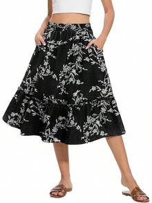Women's High Waist Midi Skirts Summer Flowy Tiered Skirt With Pockets,Designed Women And Teenagers. - 白花黑 - 查看 2