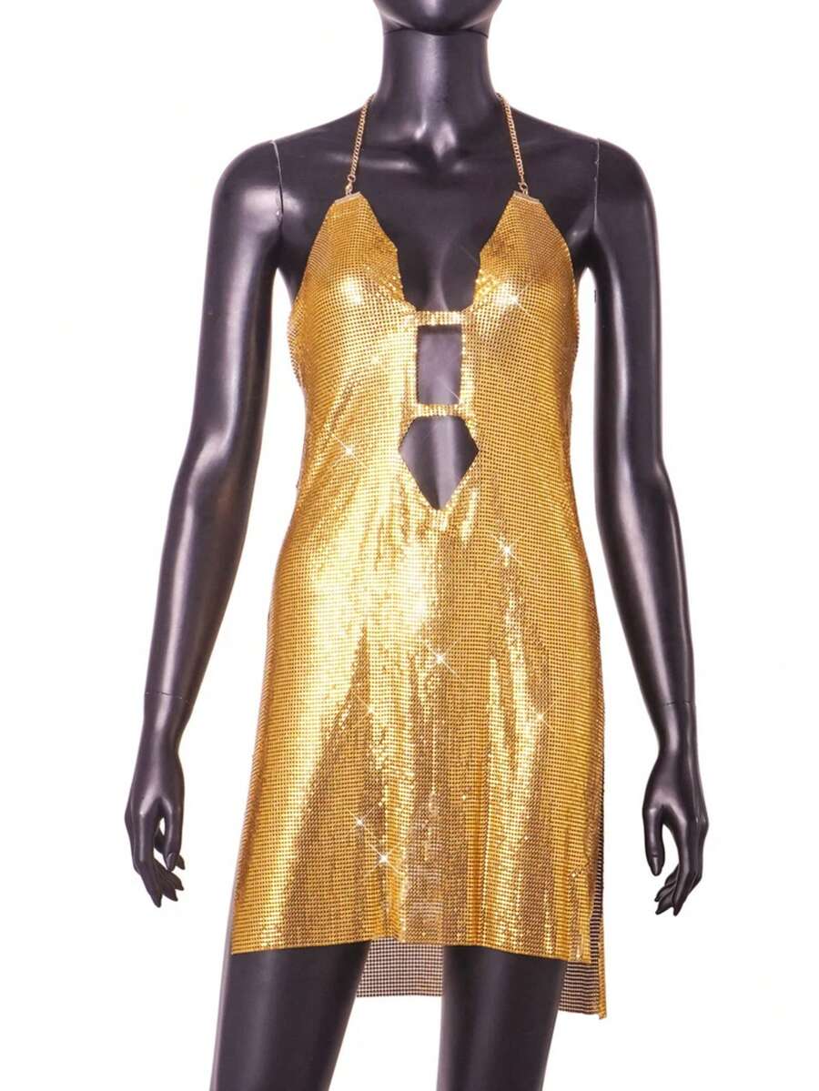 Sexy Golden Nightclub Outfit Women Metal Mesh Party Dresses Geometric Guipure Lace Metallic Sequin Tassels Chainmail Dress - 金色 - 查看 1