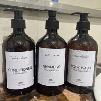 3PCS Press-Type Plastic Tea-Colored Transparent Bathroom Shampoo And Body Wash In Separate Bottles, Household Body Wash, Conditioner, Water, Lotion And Cosmetics In Separate Empty Bottles, Waterproof Label, Suitable For Family, Hotel, Travel And Special Use