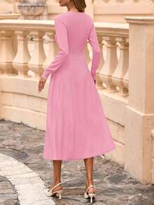 Women's Long Sleeve Midi Sweater Dress  Fall Crewneck Knit A Line Pleated Wedding Guest Winter Dresses - Pink - View 3