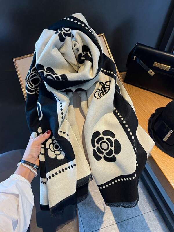 1pc Women's Elegant Camellia Scarf Shawl, Versatile High-Quality Feel, Warm & Suitable For Daily Use In Autumn/Winter