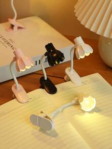 1个迷你可调节角度铃兰花形LED阅读灯，带夹子，桌面装饰迷你台灯，夜间护眼阅读灯（含电池），床头阅读灯