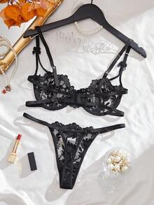 2pcs Women's Sexy Lingerie Set, Black, Ultra-Thin Breathable Mesh, Floral Embroidery, Alluring & Charming, Includes 1 Bra And 1 Thong Panty; Perfect For Valentine's Day Date