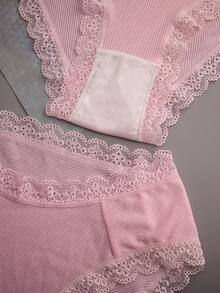 4条装女士粉色字母条纹内裤，蕾丝花边设计，透气面料，高弹力，舒适吸汗 - 粉色 - 查看 9