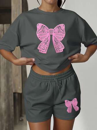 HESSEN 女士休闲纯色宽松蝴蝶结装饰运动衫，图案印花圆领上衣和短裤两件套，女士两件套服装，健身慢跑服，返校服，女士教师休闲装，圣诞节，感恩节