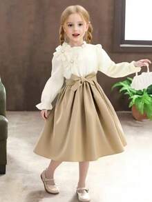 女童优雅 3D 花卉蕾丝设计荷叶边领长袖溜冰裙，适合春秋季节