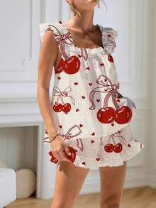 Womens Pajamas Set Bow Floral Print Ruffle Sleeveless Tank Top And Shorts Sleepwear Set Summer 2 Piece Outfits Women Floral Print Pajama Sets 2 Piece Lounge Set Ruffle Trim Sleeveless Top And Shorts Pjs Sleepwear - 紅色櫻桃 - 查看 4