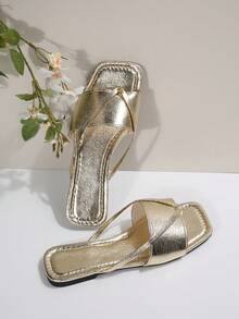 2025 New Square Toe Criss-Cross Design Sandals, Elegant And Vintage-Inspired, Versatile For Dresses In Spring/Summer - Gold - View 3