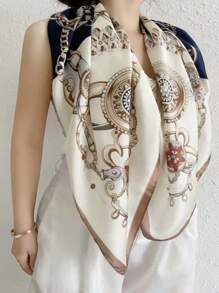 1条90厘米 x 90厘米时尚百搭多功能围巾，蓝色链条印花大方巾，防晒披肩头巾，可搭配连衣裙 - 黑與白 - 查看 13