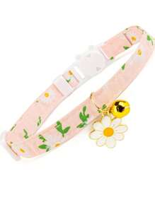 1 件小雏菊印花猫项圈带铃铛和扣子，小猫项链宠物配件