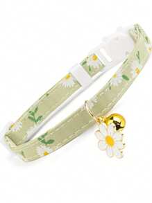 1 件小雏菊印花猫项圈带铃铛和扣子，小猫项链宠物配件