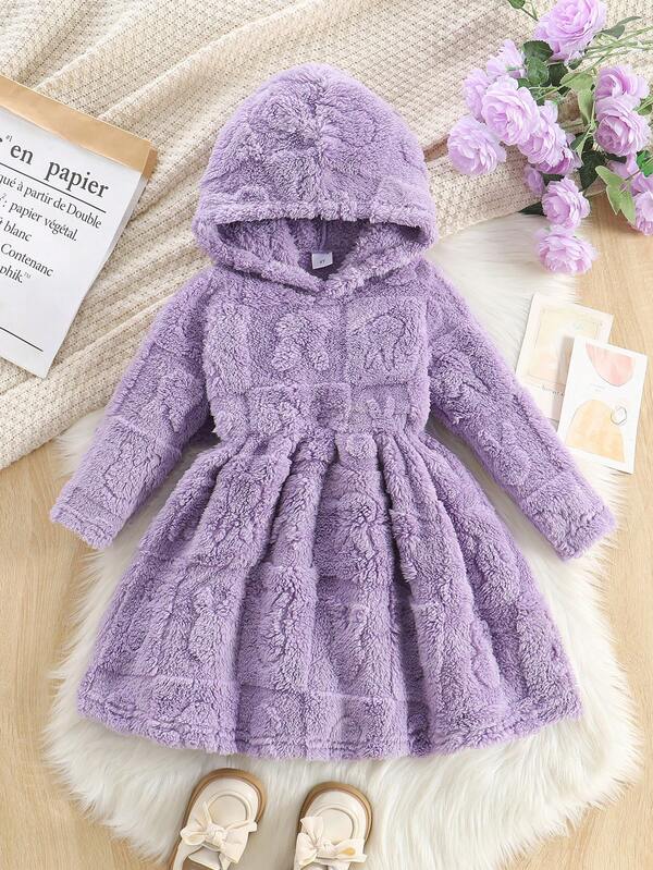 1 pieza Vestido con capucha de manga larga de tela suave de felpa de unicolor casual para niñas, adecuado para uso al aire libre, otoño/invierno