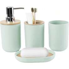 四件套豪华浴室配件套装，塑料和竹制浴室收纳套装，包含乳液瓶、牙刷架、漱口杯和皂碟，非常适合作为生日、节日、乔迁礼物，黑白家居浴室装饰，秋季、返校季适用。