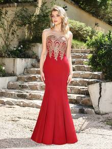 Babyonlinedress Embroidery Appliques Mesh Panel Prom Dress, Formal Evening Gown, For Wedding Guest, Graduation, Dinner, Party Dress - 紅色 - 查看 1