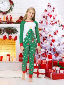 2 件圣诞节家庭装女童舒适睡衣套装，圆领趣味圣诞树图案长袖裤，舒适柔软家居服套装，适合节日派对、秋冬 - 綠色 - 查看 4
