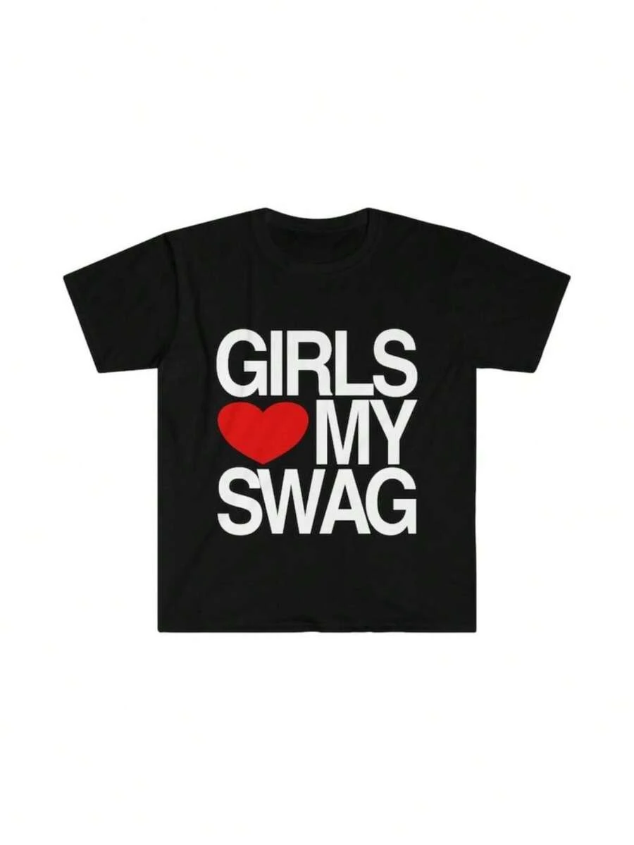 Funny Meme Shirt, Girls Love / Heart My Swag 2010's Style Joke Tee, Unisex T-Shirt - 黑色 - 查看 1