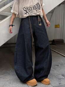 1 buah Celana Jeans Pria Model Vintage Patchwork Kaki Lebar, Celana Denim Kasual Longgar Serbaguna (Sabuk dan Aksesoris Tidak Termasuk) - Hitam - View 5