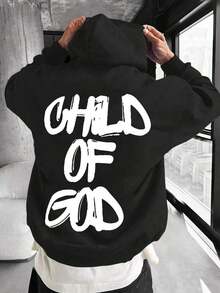 Men's Hooded Sweatshirt, "GHLD OF GOD" Text Print Design, Rugby Style, Made Of 280G Heavy Knit Fabric, Polyester-Cotton Material, Suitable For Sports And Home Outings, Unisex, Suitable For Festivals And Gifts, Machine Washable - 黑色 - 查看 1