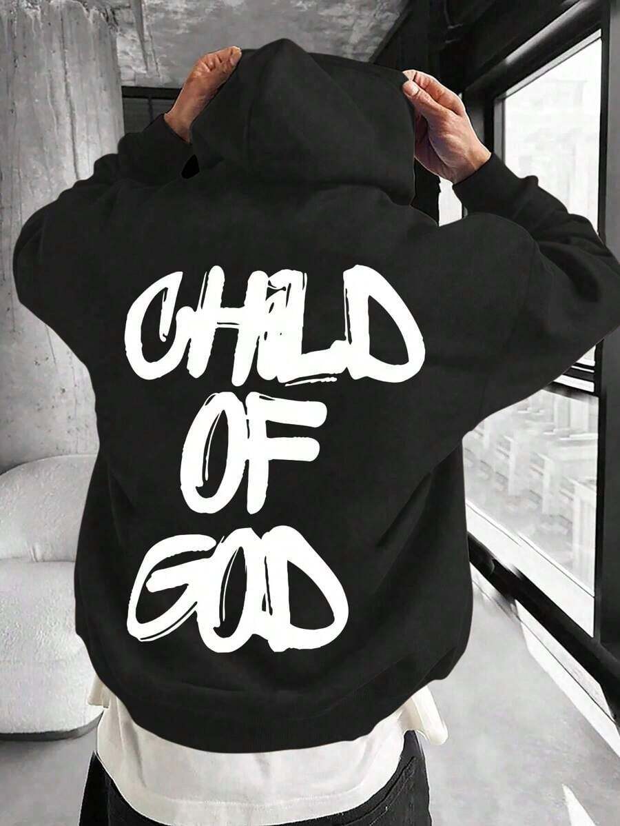 Men's Hooded Sweatshirt, "GHLD OF GOD" Text Print Design, Rugby Style, Made Of 280G Heavy Knit Fabric, Polyester-Cotton Material, Suitable For Sports And Home Outings, Unisex, Suitable For Festivals And Gifts, Machine Washable - 黑色 - 查看 1