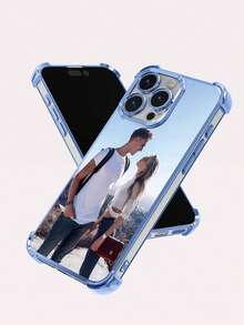 1pc Customized Couple Photo Personalized Phone Case, Blue Frame Four-Corner Airbag Anti-Drop Design, High-Definition UV Printing, Meets Customer's Personalized Needs, Compatible With Apple 17 ProMax/16 ProMax/16 Pro/16 Plus/16/16E/15 ProMax/15 Pro/15/14 ProMax/14 Pro/14/11/11 ProMax/12/12 Pro/12 ProMax/13 ProMax/13 Pro/13, Redmi