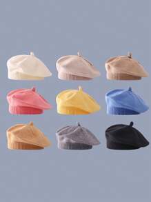 1pc Children's Solid Color Versatile Beret Hat, Adorable & Stylish Knitted Beanie For Infant Toddler, Suitable For Autumn/Winter Daily Wear - 1PC - View 2