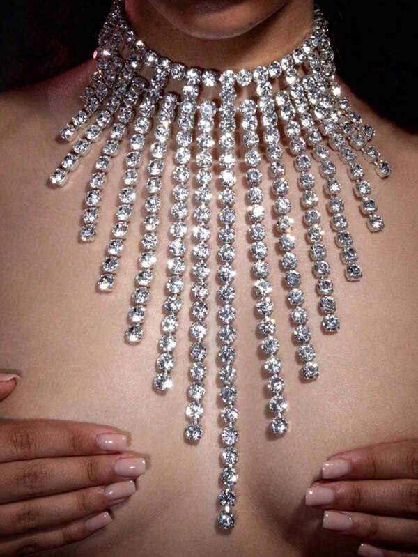 1 pièce Collier de style bohème de luxe avec strass et gland, collier maxi étincelant à la mode pour les sorties nocturnes sexy pour femmes