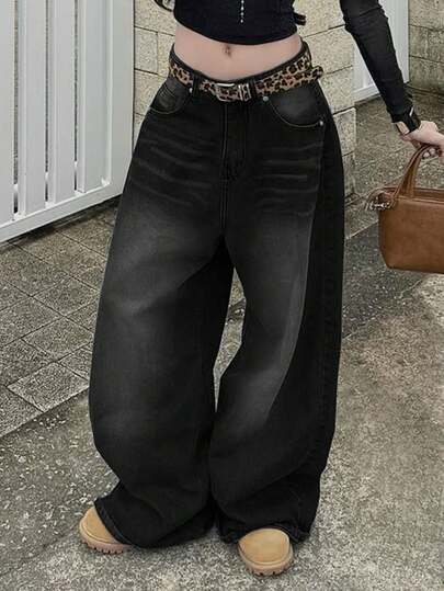 Vintage High Street Washed Black Jeans, Women's Fashion Design Straight Loose Casual Wide Leg Pants, For Fall