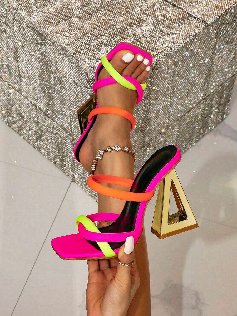 Sandalias de tacón alto con puntera abierta y tacón asimétrico de varios colores para mujer, con diseño elegante y minimalista, versátiles para fiestas - Multicolor - Ver 1