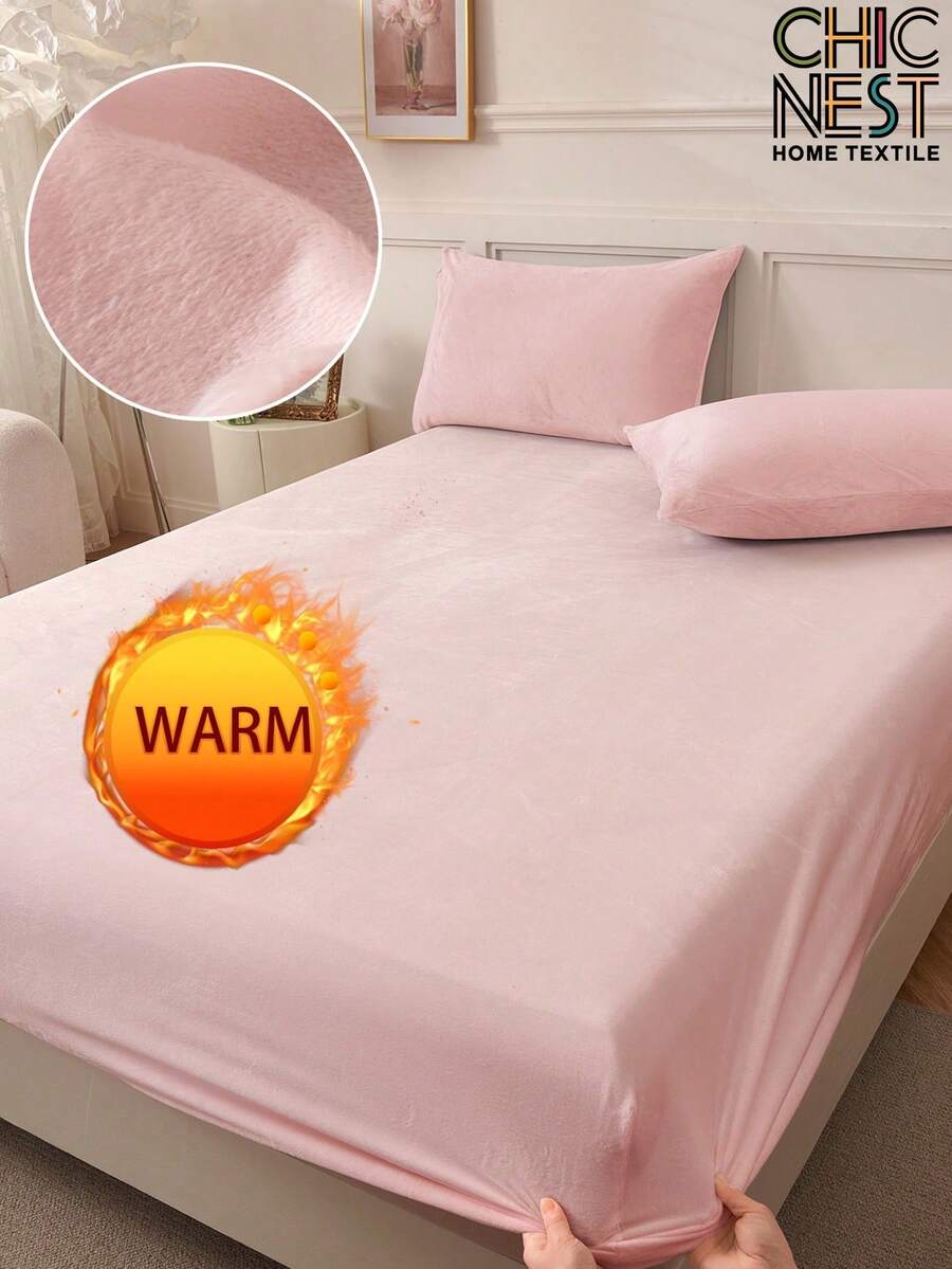 1pc Velvet Fitted Sheet, Christmas Bedding, Solid Color Sheets, Soft-Comfortable Mattress Cover, Bedding Gifts, Bedding, Suitable For Fall And Winter, Deep Pocket, Fitted Sheet Only, Without Pillowcase, Dustproof Non-Slip, Machine Washable, For All Season, Fits Twin Full King Queen Size Bed - Baby Pink - View 1