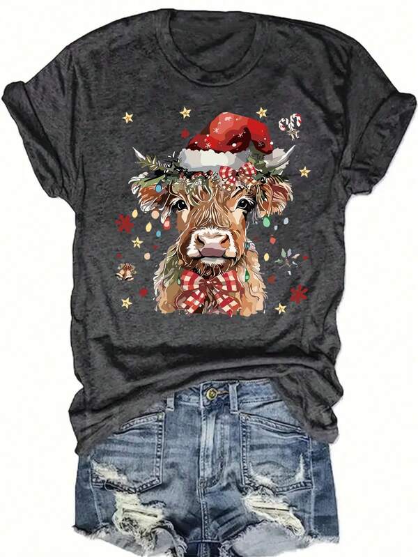 Howell Christmas Graphic T-Shirt - Festive Cow Wearing Santa Hat And Lights Print, Soft And Casual Crew Neck Top