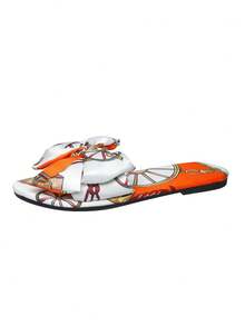 Women Flat Sole, Sandals Orange Chain, Comfortable Outdoor Vacation Gorgeous Elegant Bowknot,Spring Summer Outfits - Orange - View 3