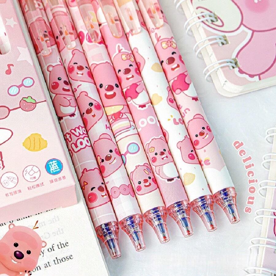 6pcs Erasable Ballpoint Pens, Cartoon Student Practice Pens, Side-Press Crystal Blue Heat-Erasable, Capybara + Ruby Dual Styles Optional, Suitable For Learning, Homework, Daily Use (Random Style)