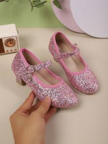 女童闪亮圆头高跟鞋，学生休闲百搭公主鞋，适合表演，秋季