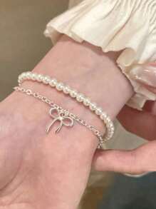 1 pieza Exquisita pulsera de perlas apilables de doble capa con lazo