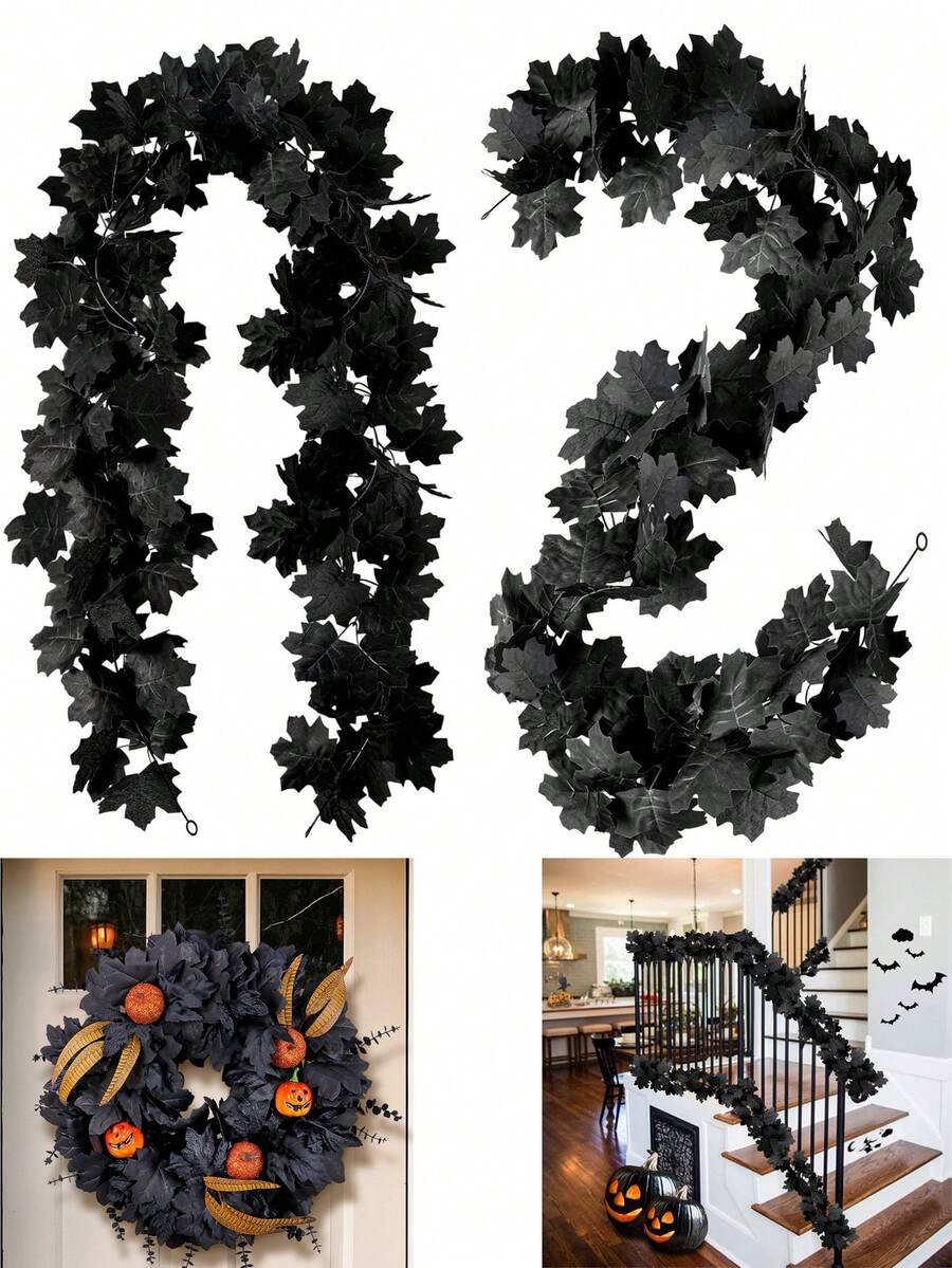 1 Stück - 200cm Ahorn Blatt Girlande, hängende schwarze Herbstblätter Rebe, künstliche Herbst Girlande für Halloween, Thanksgiving Dekoration Zuhause, Hochzeit Party (Schwarz)