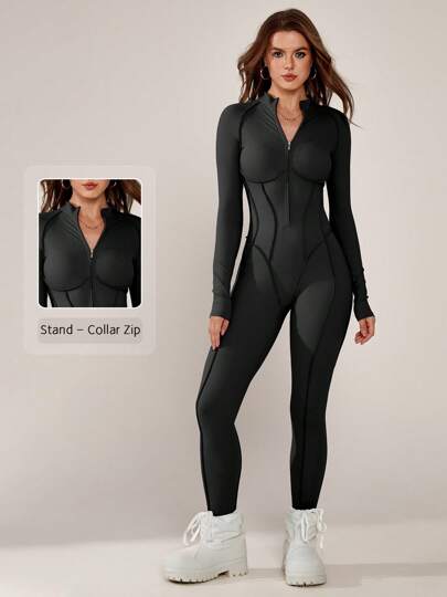 NcmRyu 1 st Dam Slim Fit Sömlös Enfärgad Stand Collar Tight Shaping Lifting Utomhus Fitness Träning Löpning Yoga Jumpsuit Shapewear Bodysuit